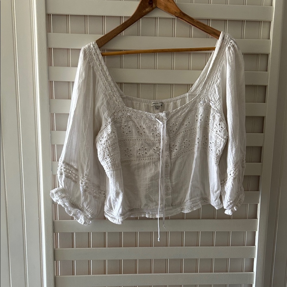 American Eagle Outfitters Cream Eyelet Tie-Front Blouse